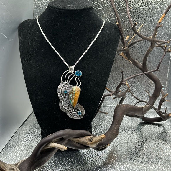 Exciting large Azurite and blue topaz pendant Sterling silver chain - Picture 1 of 9